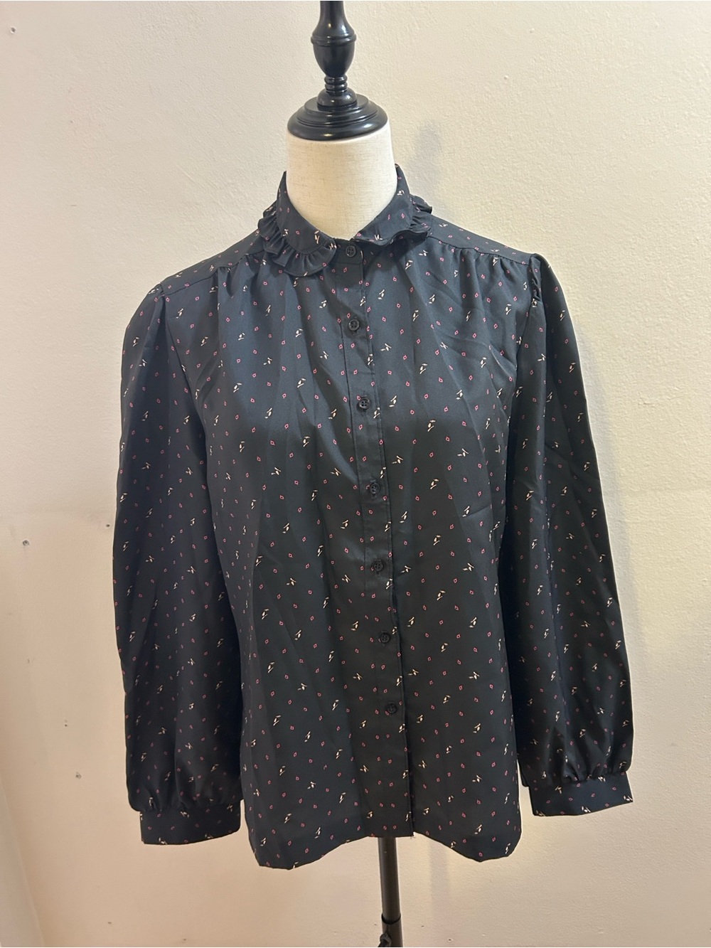 Black Ruffle-Neck Long Sleeve Blouse with Pink  Print* - Picture 13 of 14